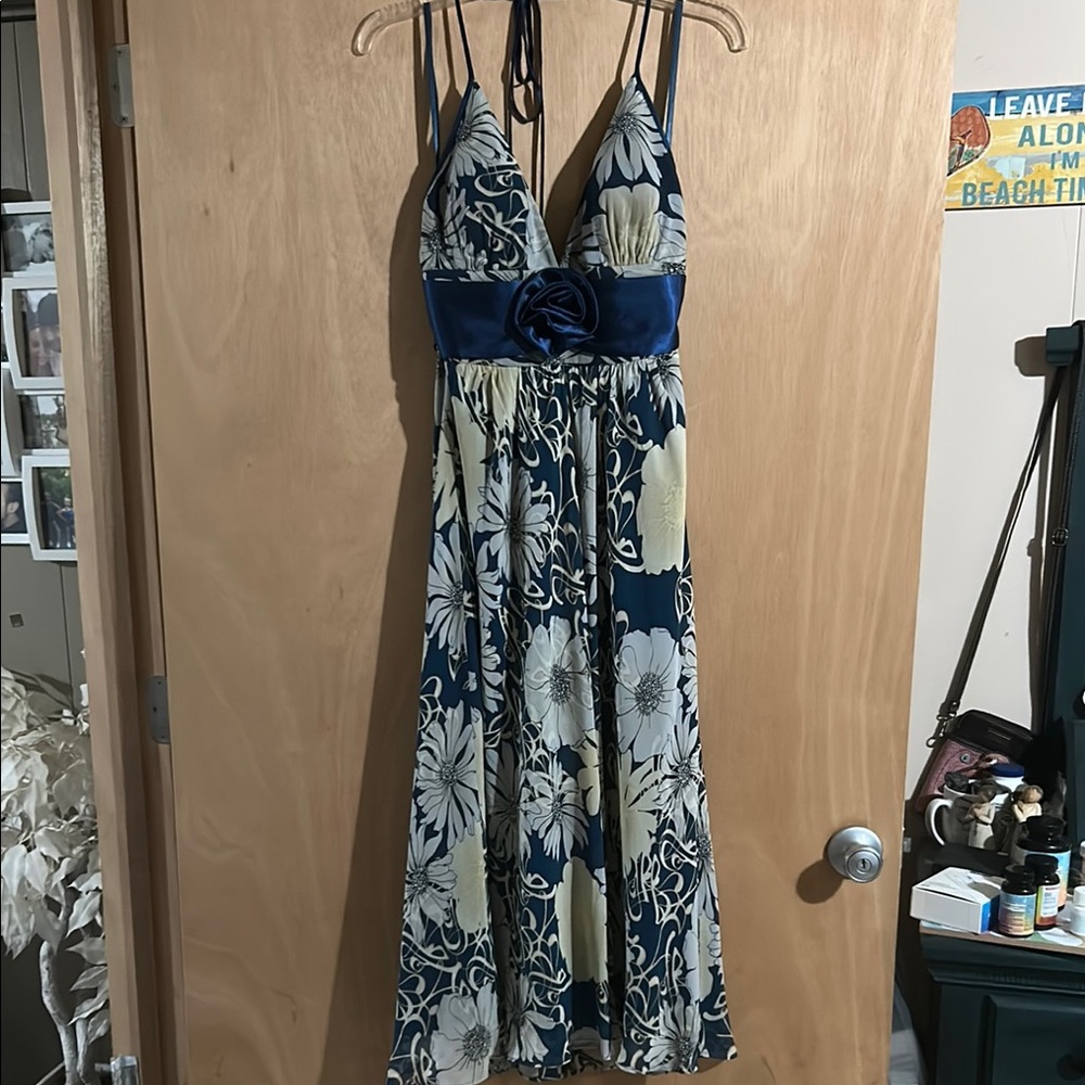 BCBG Blue and White Ruched Halter Sundress